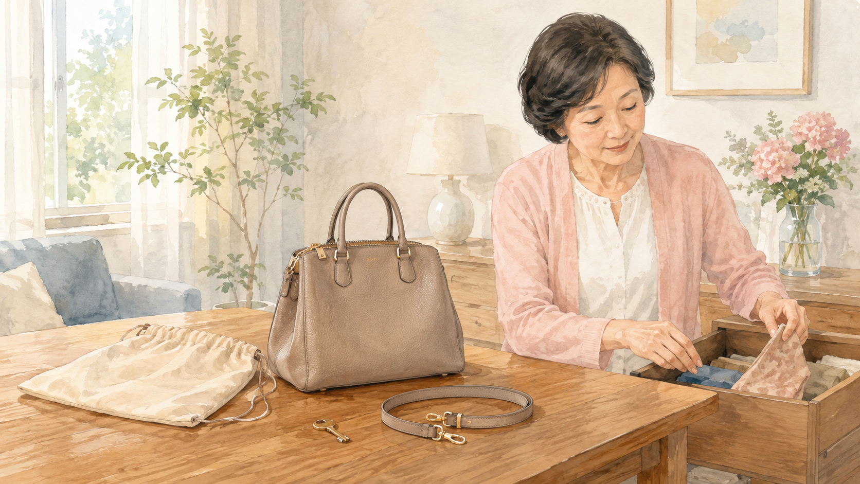 箱や保証書がないブランドバッグの付属品を確認する女性