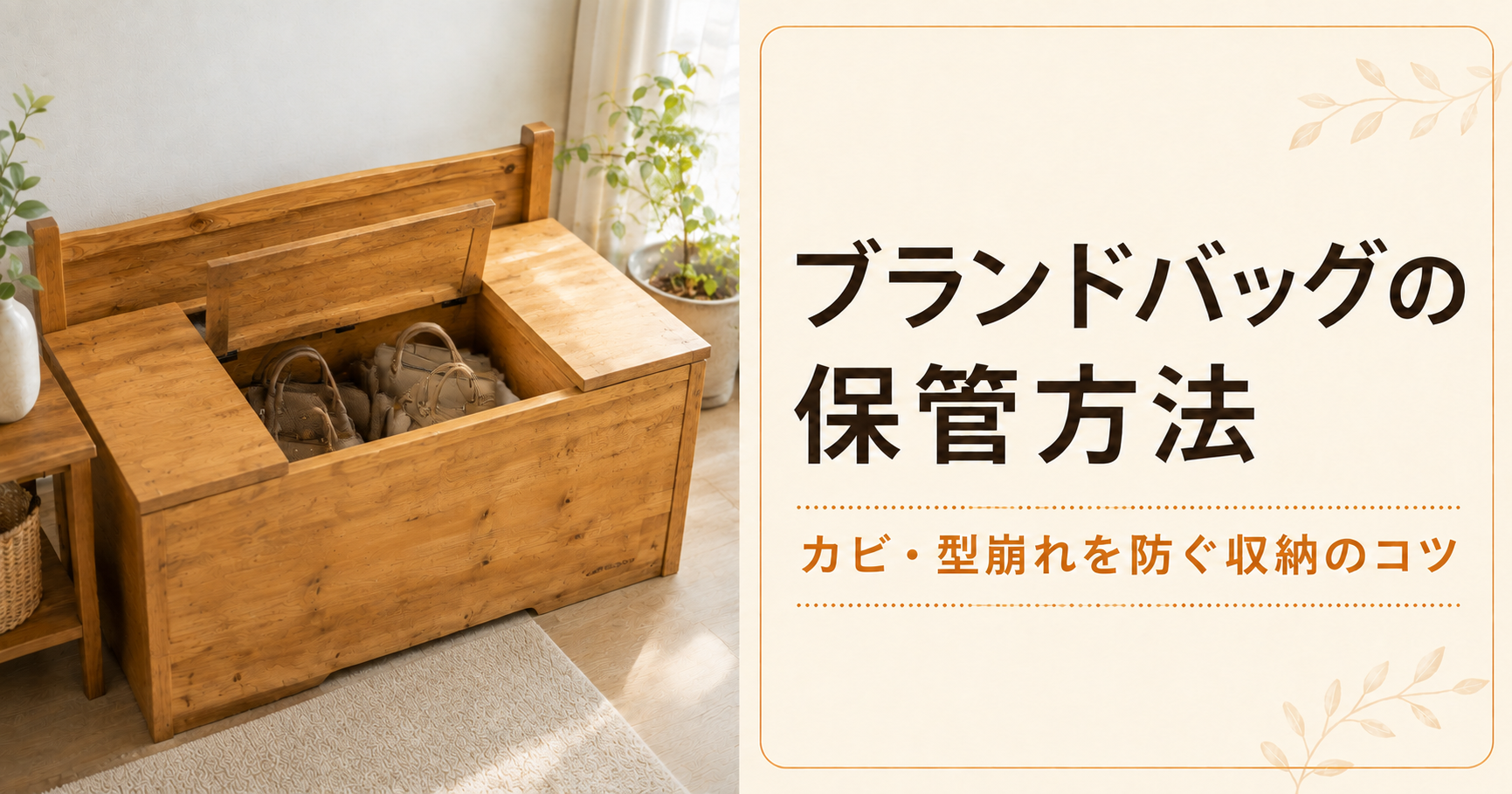 木製の収納ベンチに保管したブランドバッグ